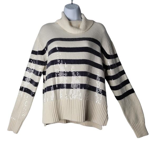 Talbots Sequin Striped Sweater Women's M Cream Navy Cotton Wool Blend Turtleneck - Picture 1 of 10